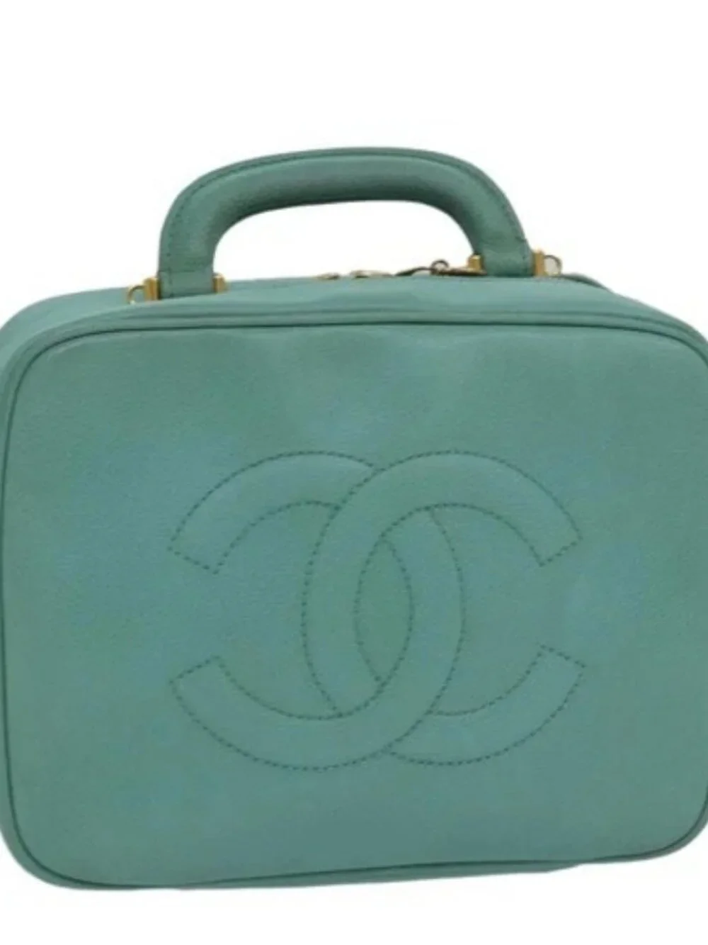 CHANEL Vanity COCO Mark Hand Bag Calf Skin Emerald Green CC Auth yk13974AV